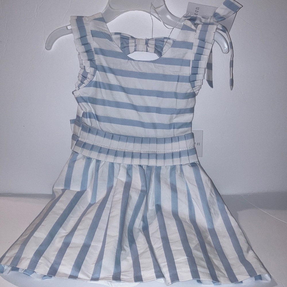 btween Light Blue and White Striped Dress‎ with matching Hair Bow Size 7